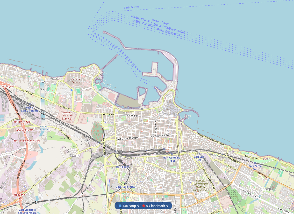 Interactive map showing public transport stops enriched with Wikidata landmarks
